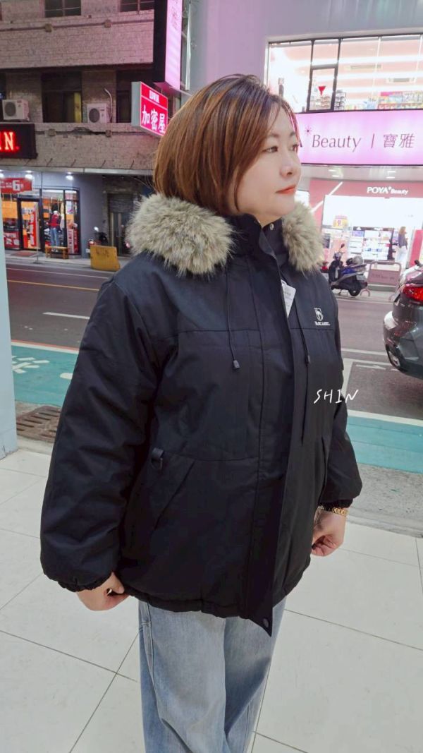 毛毛帽刷毛風衣外套(黑/深藍) 