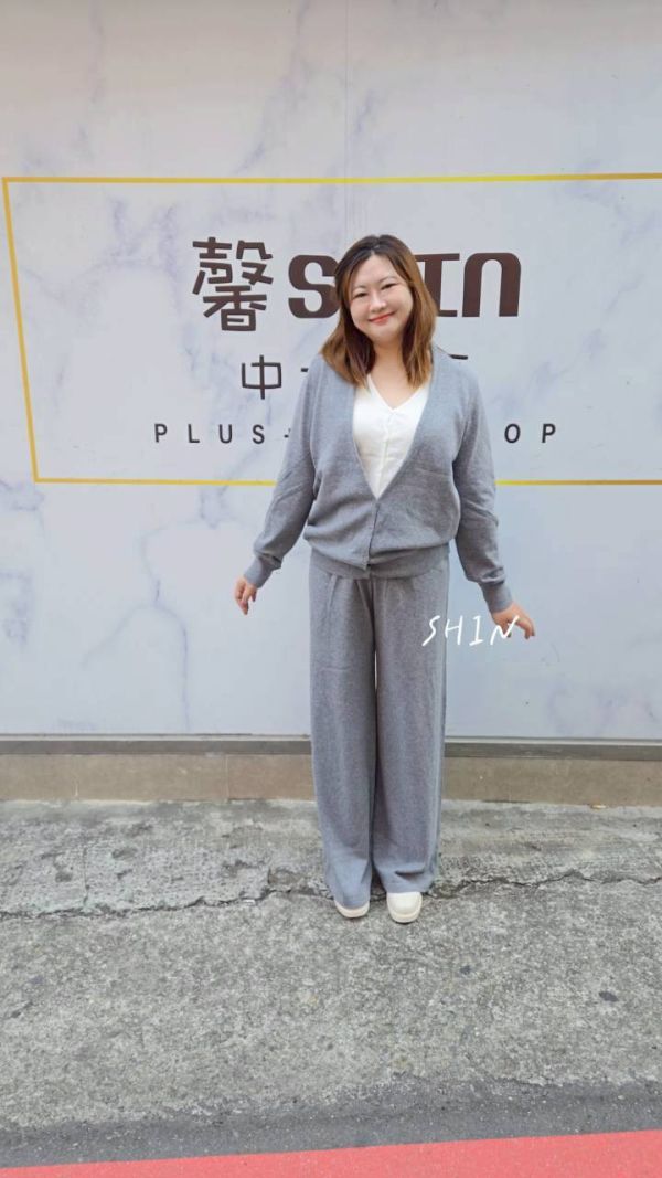 假兩件針織上衣寬褲套裝(深藍/灰) 