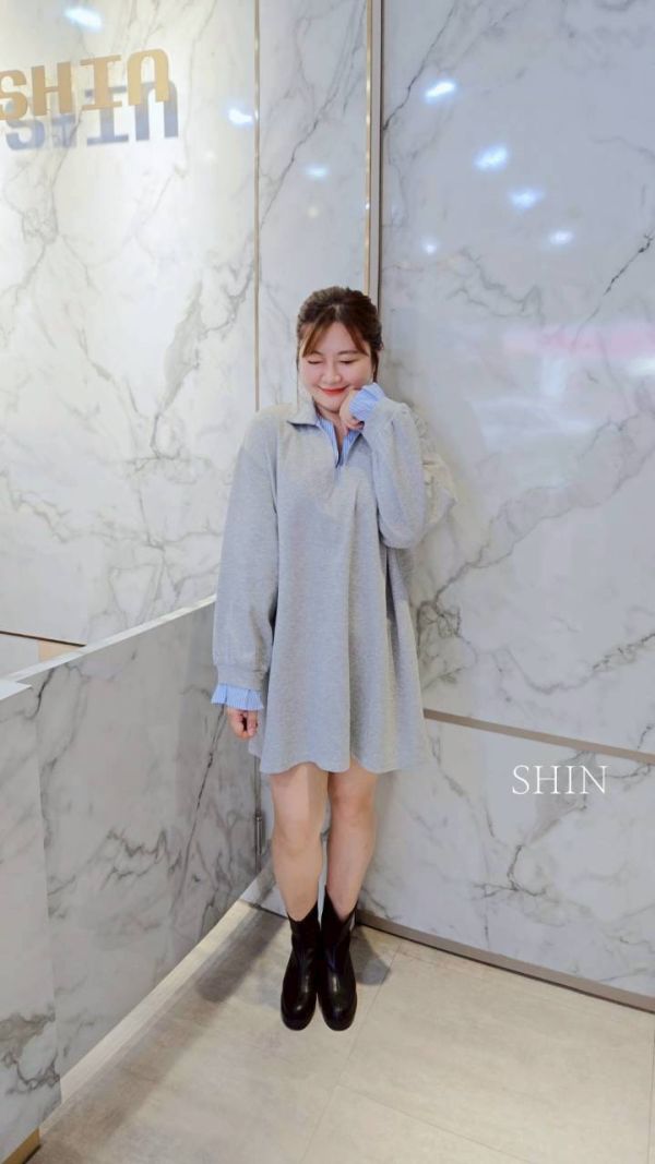 直紋襯衫領假兩件T(灰/黑) 