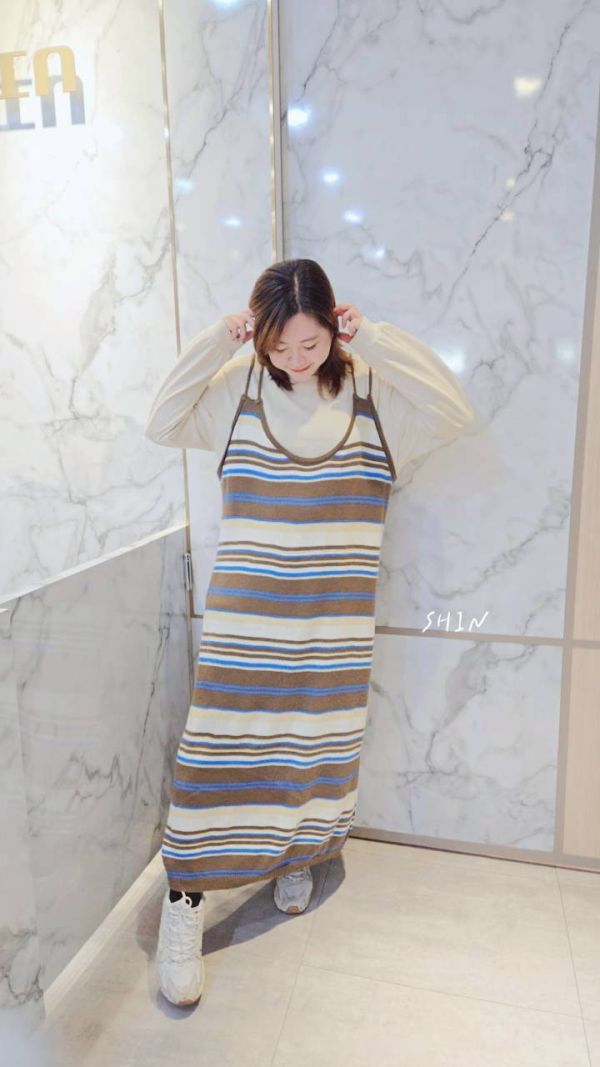 T+條紋長版針織洋(黑/杏/咖) 