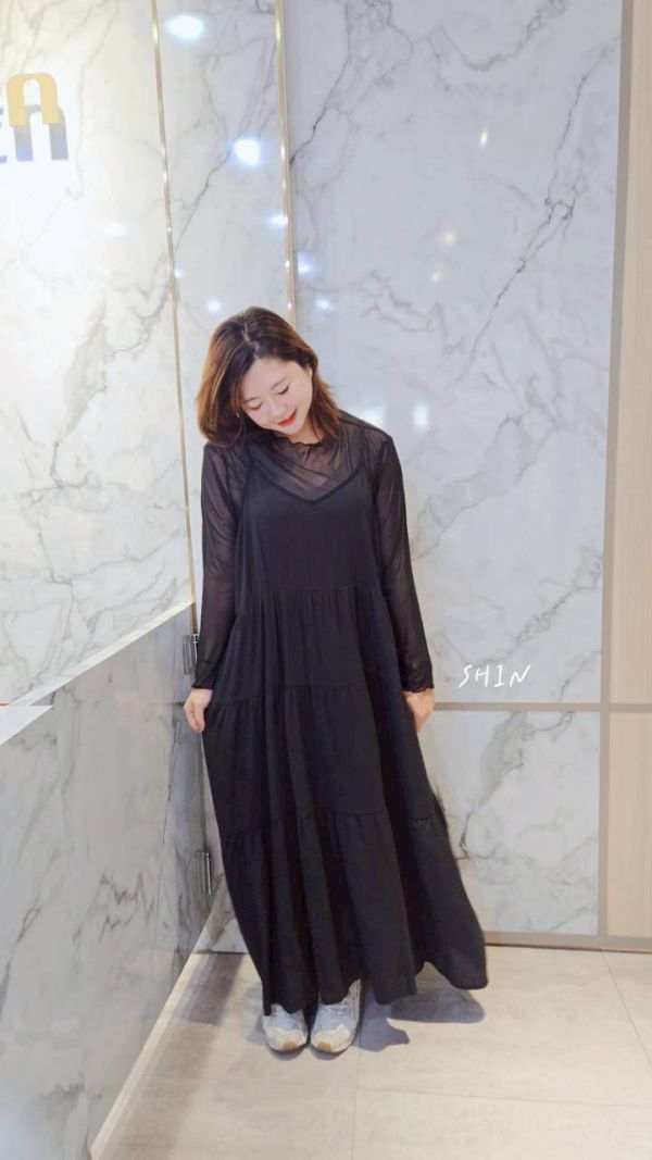 透膚木耳邊+細肩吊帶蛋糕洋(杏/灰/黑) 