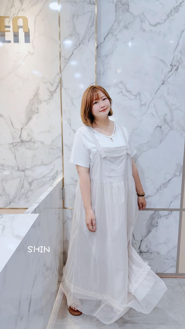 日系女孩薄麻拼紗吊帶裙 