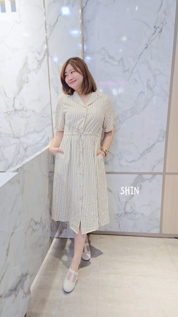 正韓棉麻直紋襯衫綁帶洋 