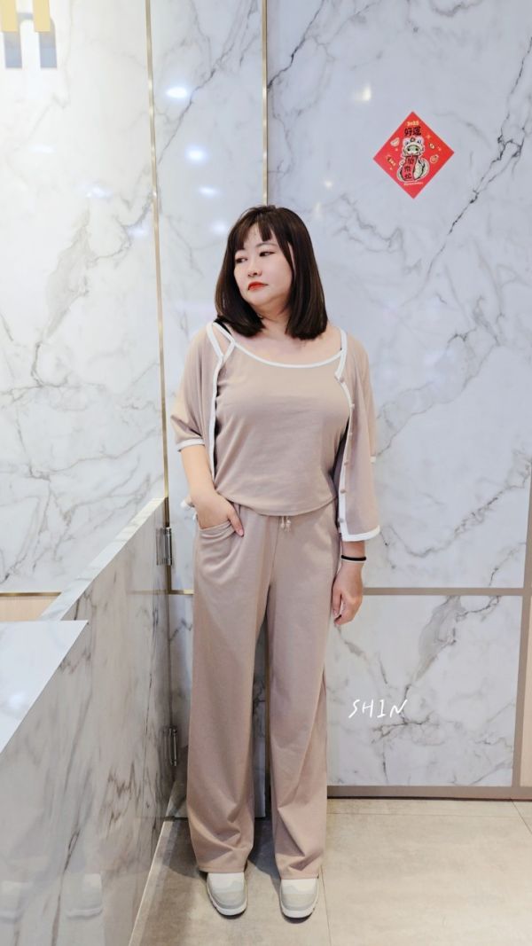 3件式撞色邊套裝(黑/杏/藕粉) 