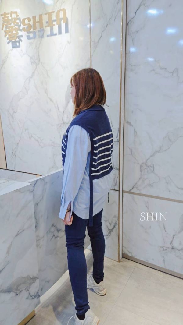 毛織拼接襯衫女假兩件(藍/白/杏) 