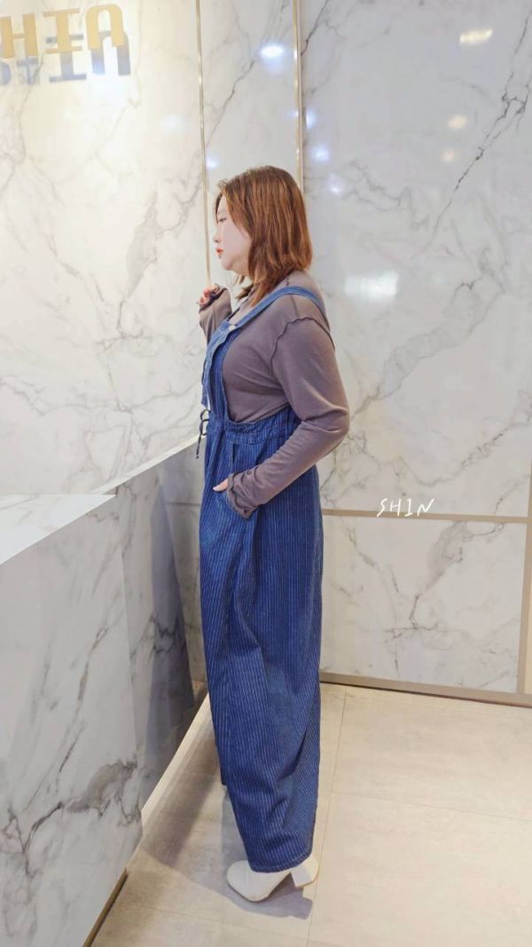 日系直紋牛仔吊帶洋 