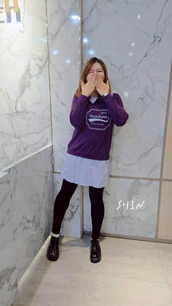 拼接色襯衫領長版衣(紫/灰) 