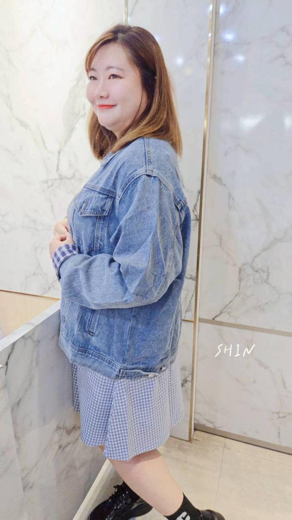 復古藍色反摺格袖牛仔外套 