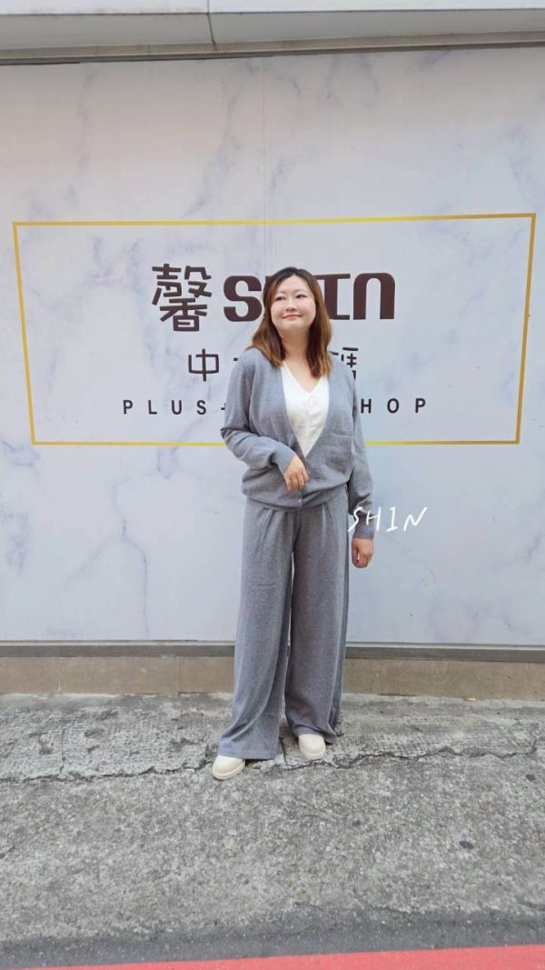 假兩件針織上衣寬褲套裝(深藍/灰) 