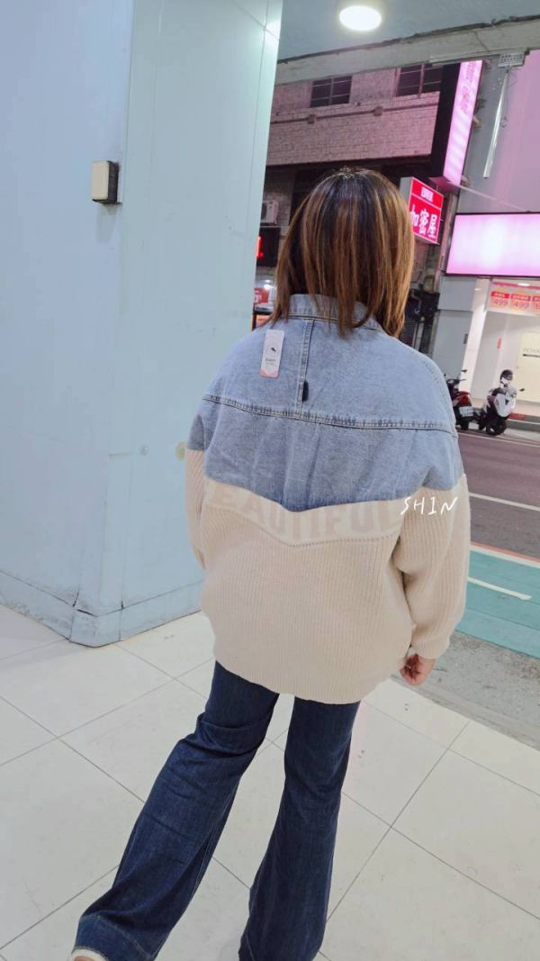 牛仔拼接針織外套(黑/卡其) 