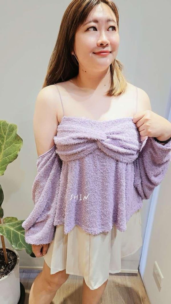 QQ仿毛巾布扭結背心外套組(白/紫) 