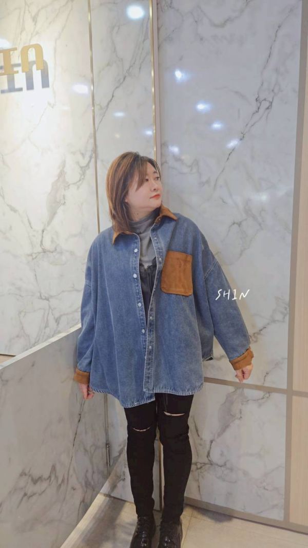 韓版撞色領刷毛襯衫(黑/藍) 