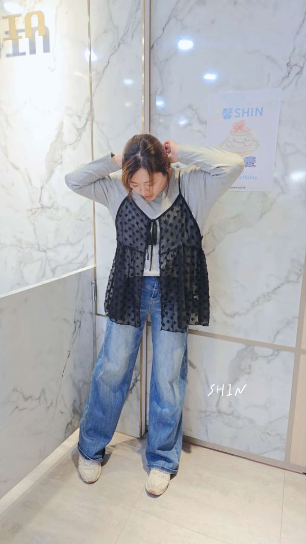 網點雪紡吊帶真兩件水水衣(藍點紗/黑點紗) 