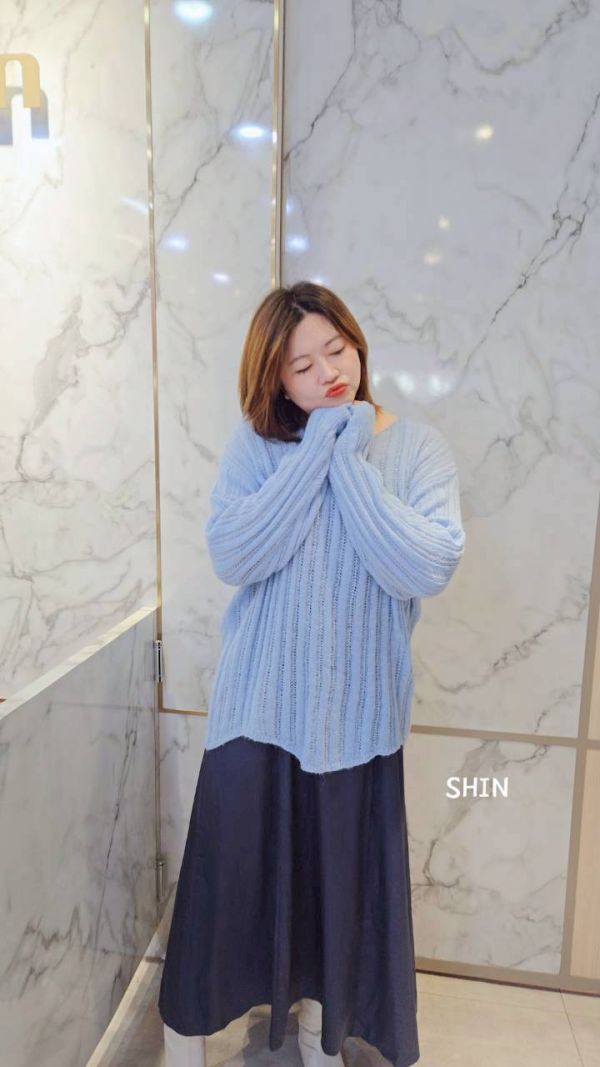 直紋針織衣+雪紡長版洋(粉/藍/灰) 