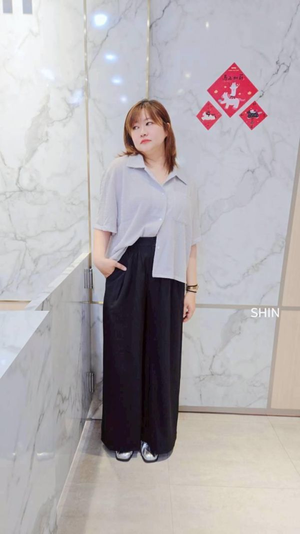 設計紋路短袖襯衫(灰藍/白) 