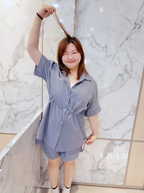 車線知性女孩襯衫褲套裝(藍/杏/黑) 