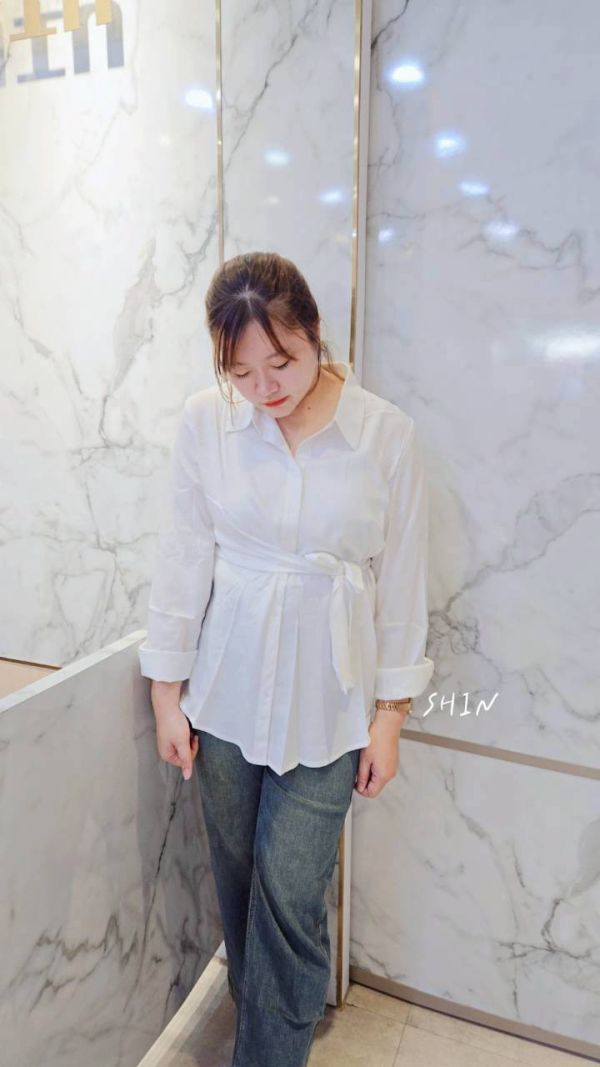 韓版天絲設計款綁帶襯衫(黑/藍/米白) 