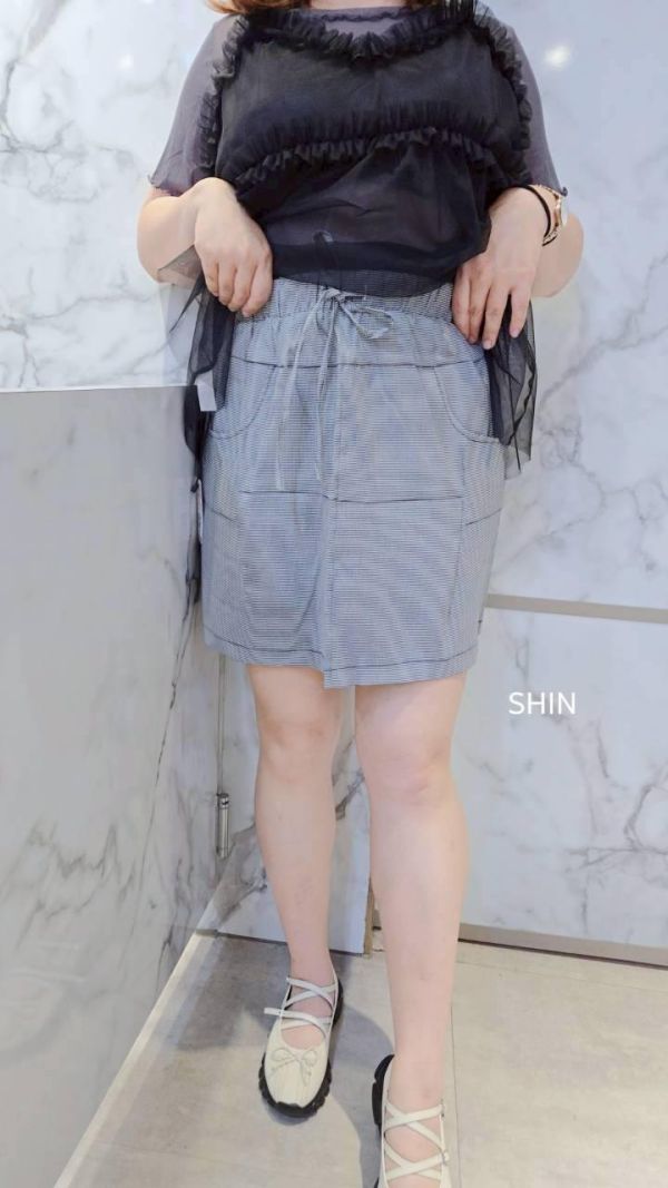 日系小格抽繩短褲裙 