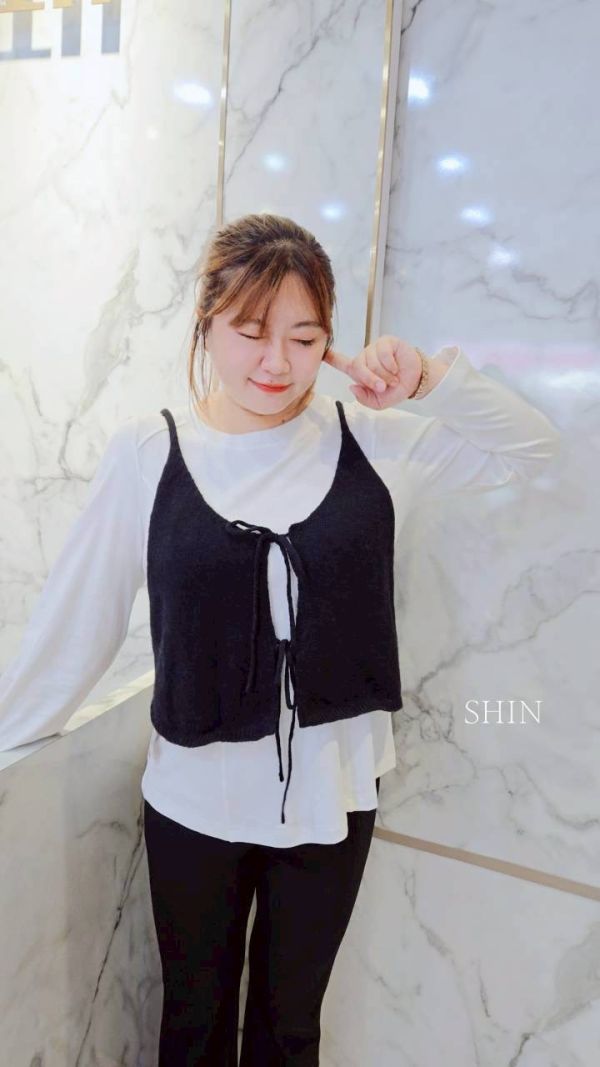 正韓KOREA針織綁帶背心(杏/黑) 