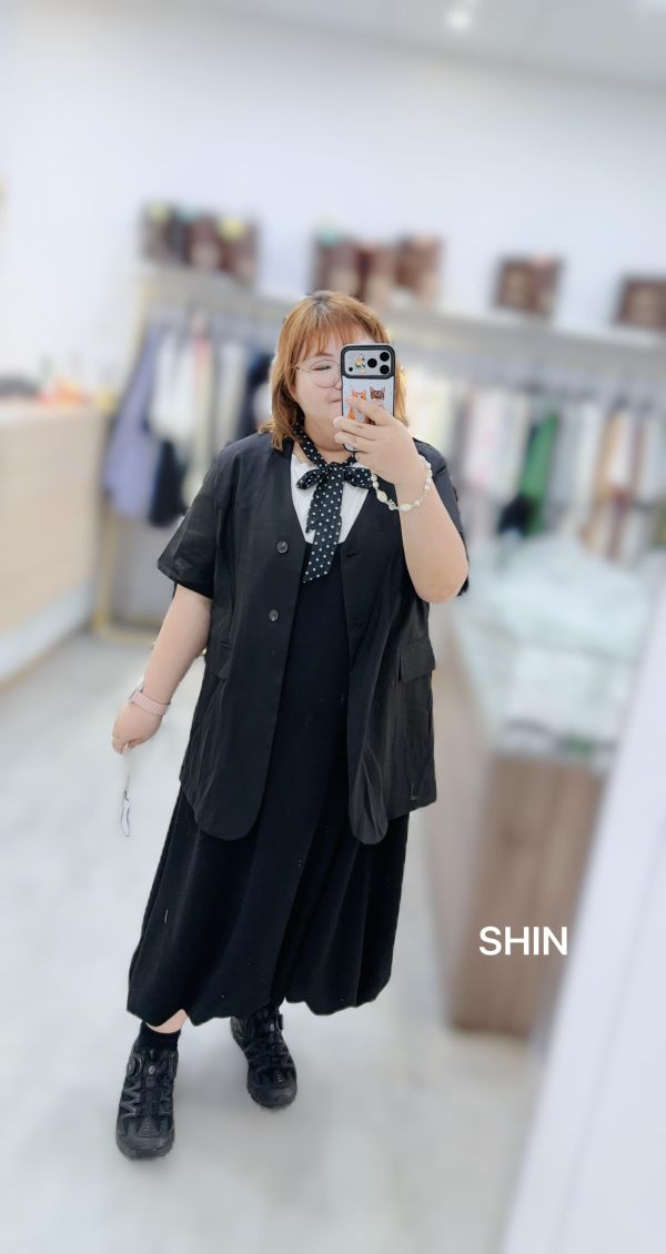 附波點綁帶亞麻西裝外套 