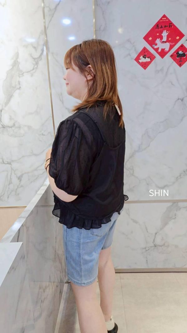 黑色個性點點雪紡真兩件上衣 