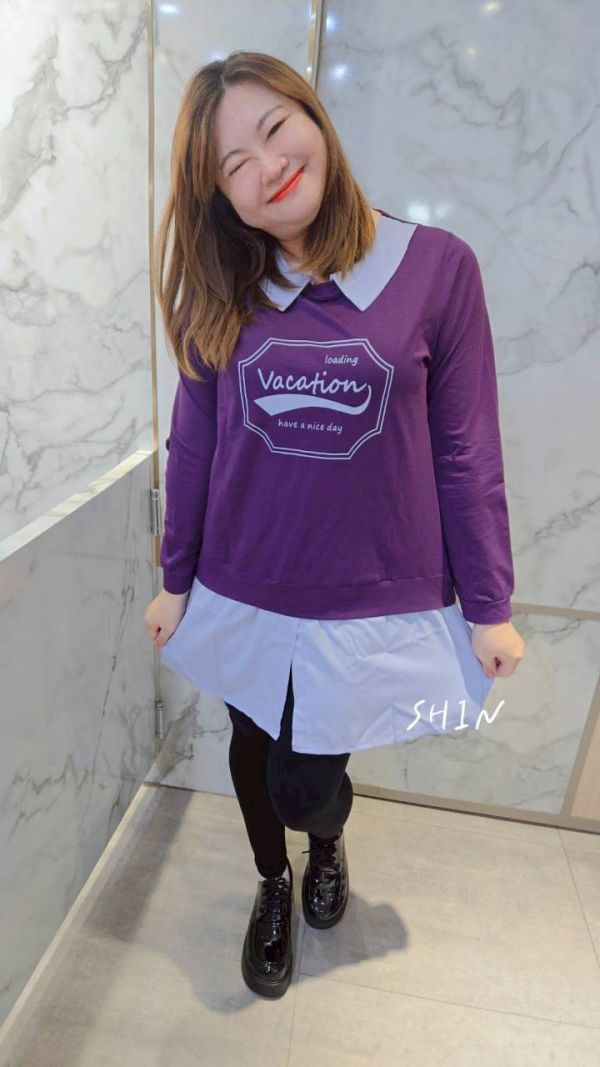 拼接色襯衫領長版衣(紫/灰) 