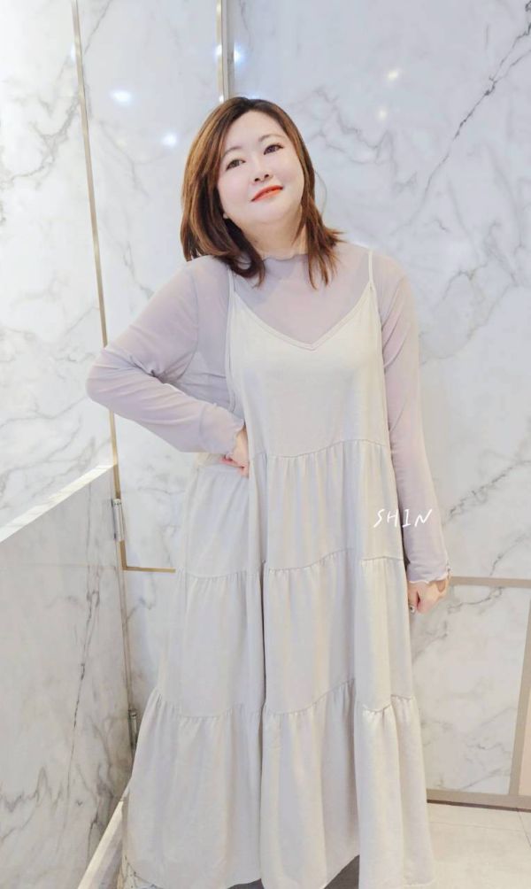 透膚木耳邊+細肩吊帶蛋糕洋(杏/灰/黑) 