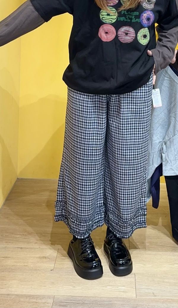 我是日系女孩下滾邊格子寬褲 