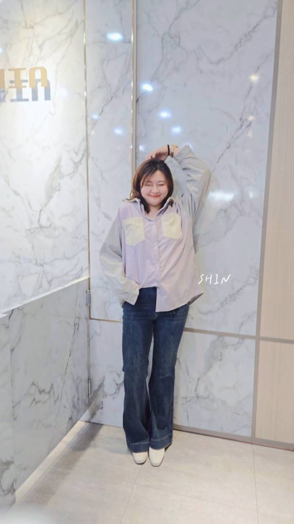 韓版燈芯絨撞色拼接襯衫(紫/灰/杏) 