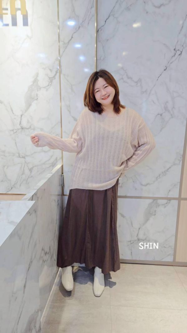 直紋針織衣+雪紡長版洋(粉/藍/灰) 