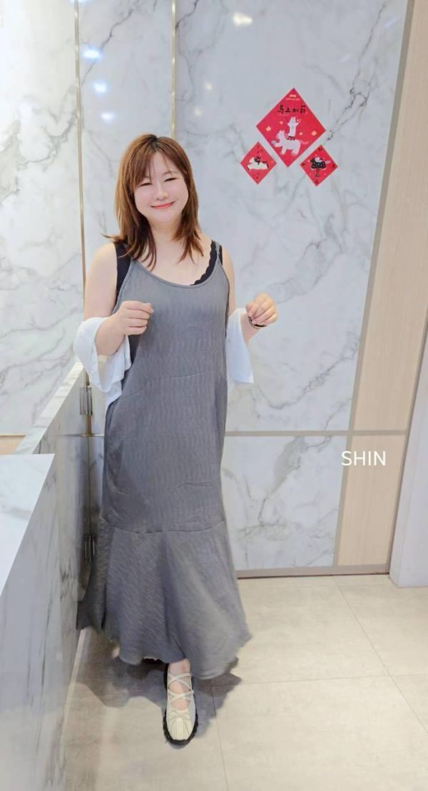 夏季度假坑條細肩下擺折長洋(卡其/灰) 