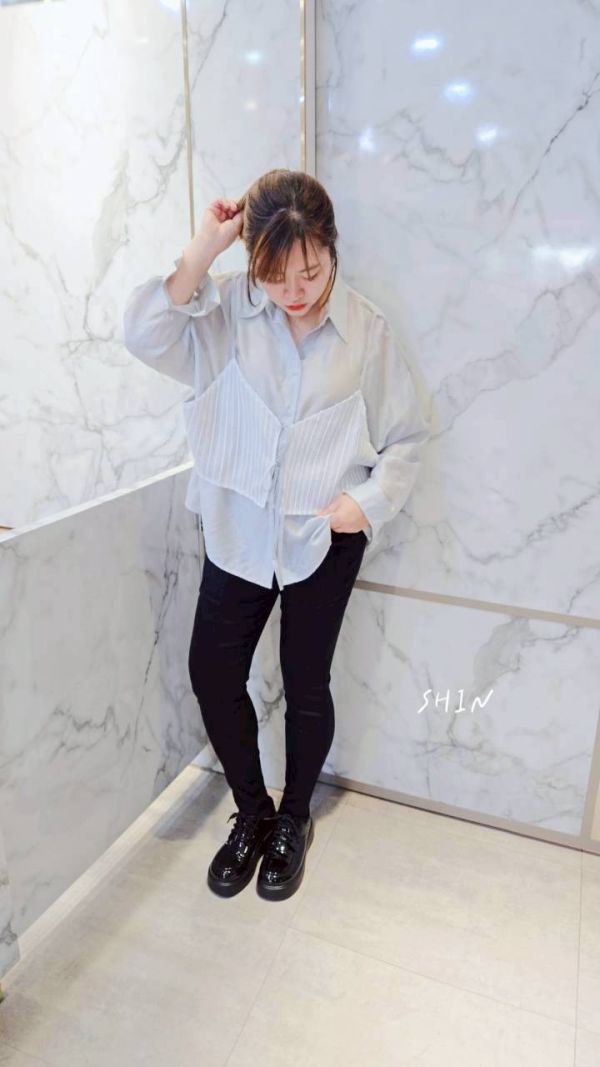 假兩件蕾絲背心雪紡襯衫(白/奶茶/灰) 