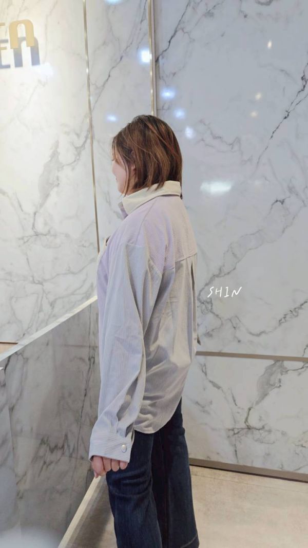 韓版燈芯絨撞色拼接襯衫(紫/灰/杏) 