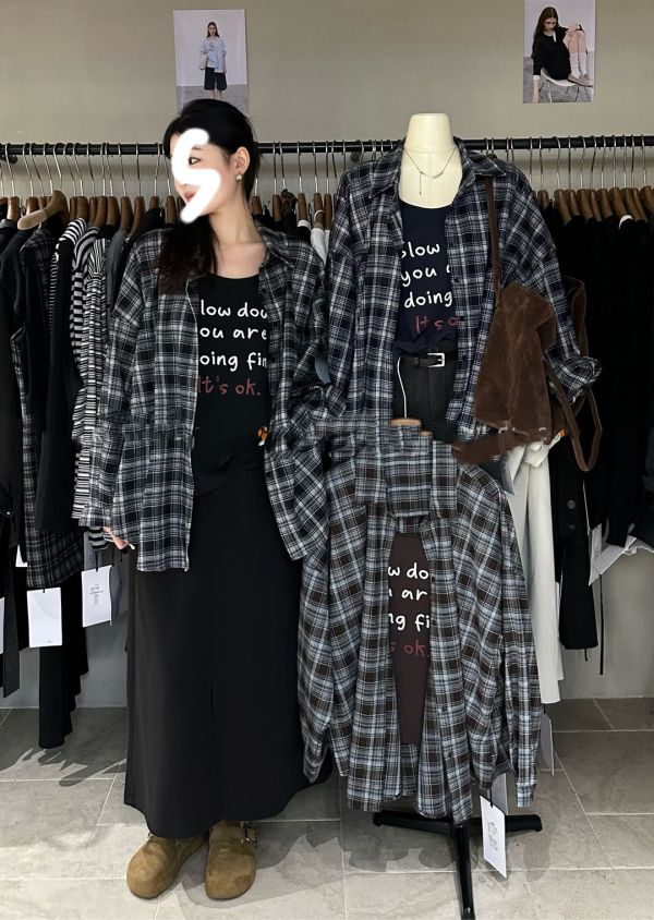 格子背心假兩件襯衫(黑/藍/咖) 