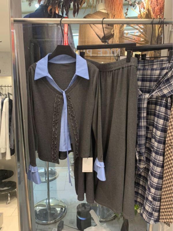 氣質小姐姐襯衫假兩件長裙組(寶藍/灰) 