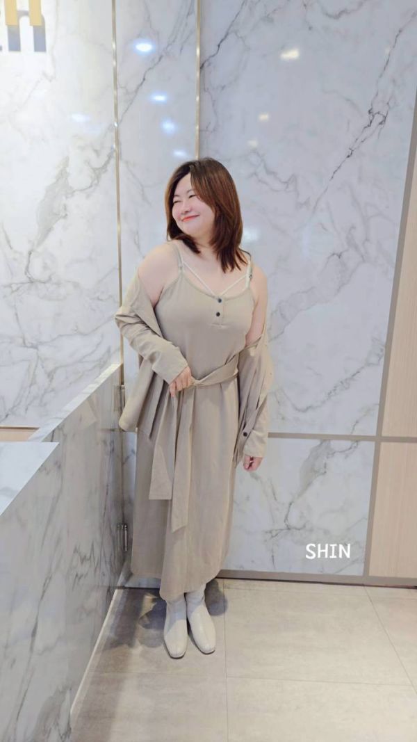 腰綁帶背心長洋+外套(黑/卡其) 