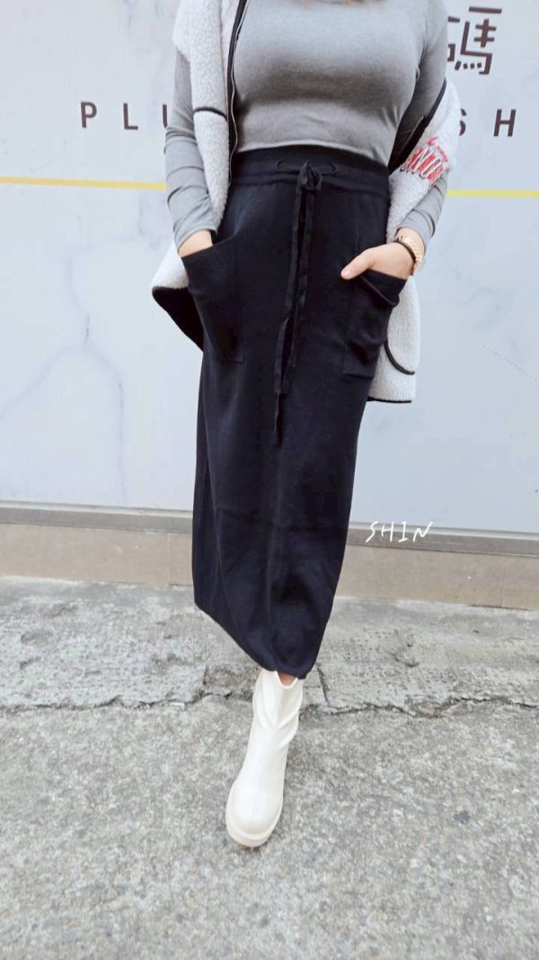 大口袋針織長裙(杏/咖/黑/灰) 