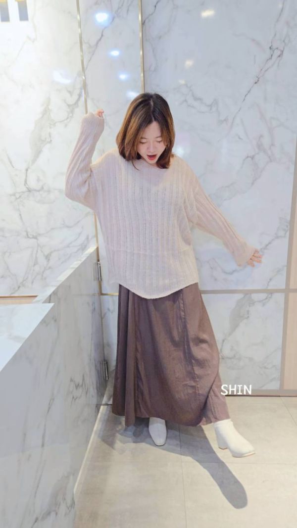 直紋針織衣+雪紡長版洋(粉/藍/灰) 