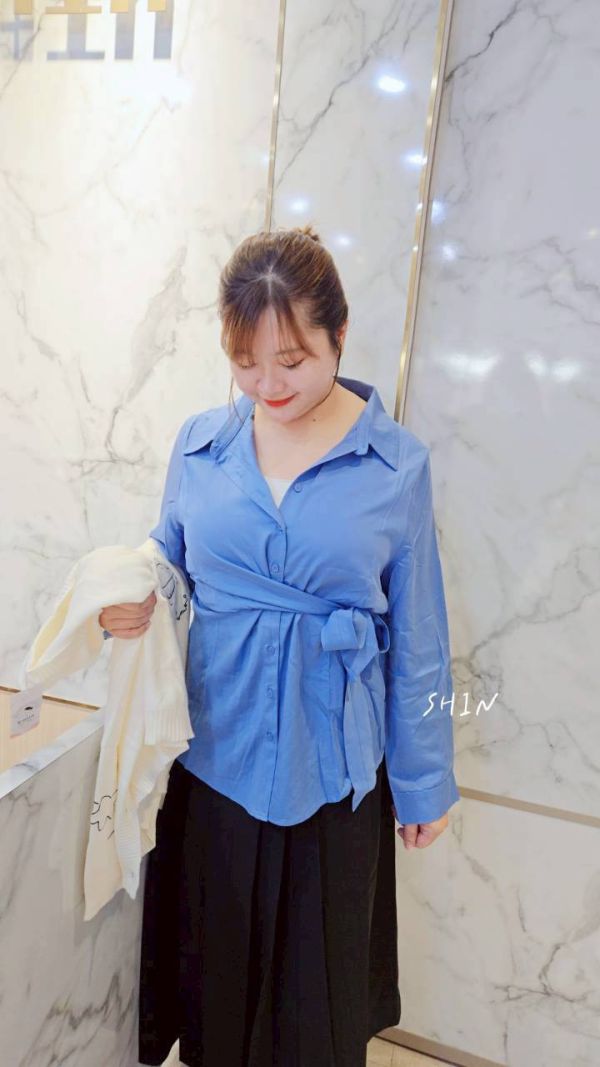 韓版天絲設計款綁帶襯衫(黑/藍/米白) 