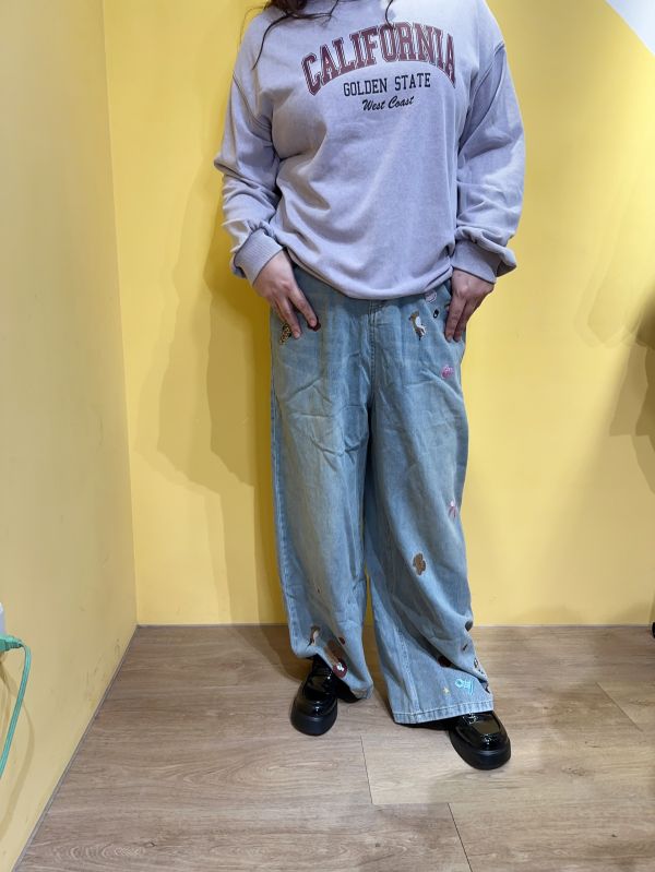 繡花狗狗可愛牛仔寬褲 