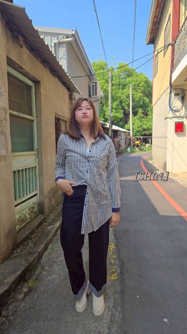 撞領條紋襯衫 