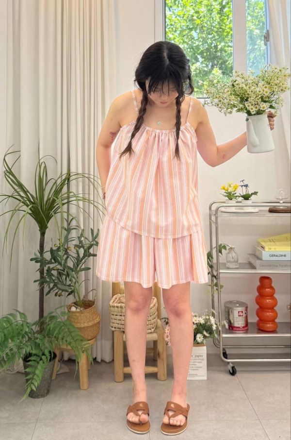 正韓清涼直紋背心短褲套組（粉橘條/黃藍條） 