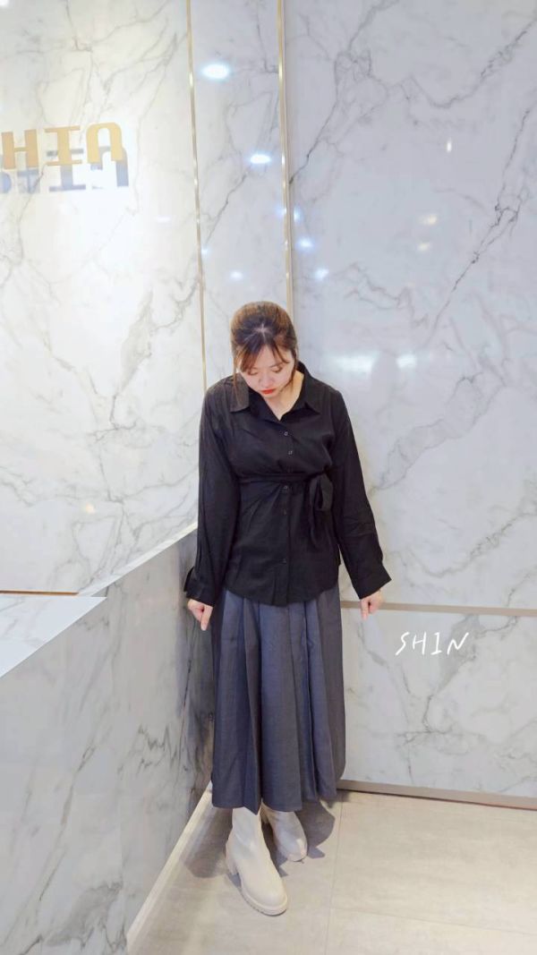 韓版天絲設計款綁帶襯衫(黑/藍/米白) 