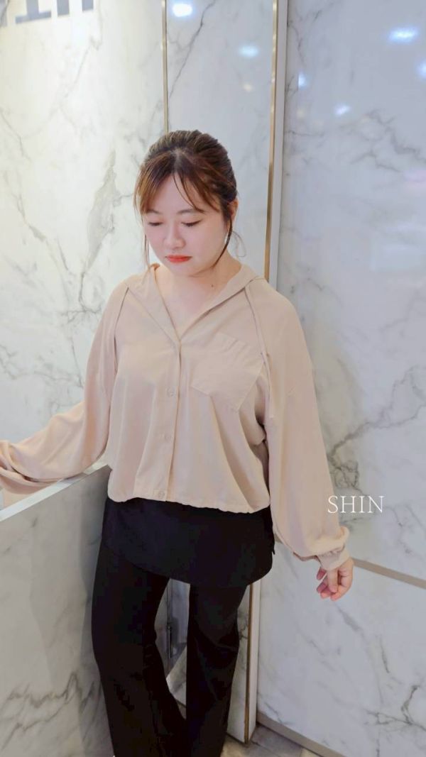 連帽雪紡罩衫(藕粉/卡其/灰/黑) 