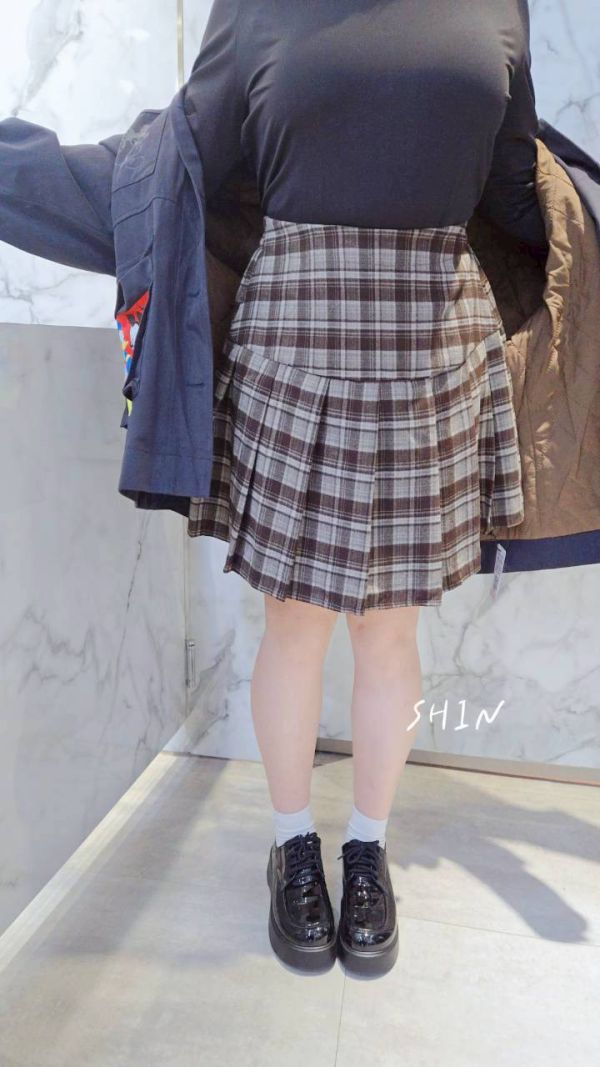 格子高腰百摺褲裙(黑格/咖格/藍格) 