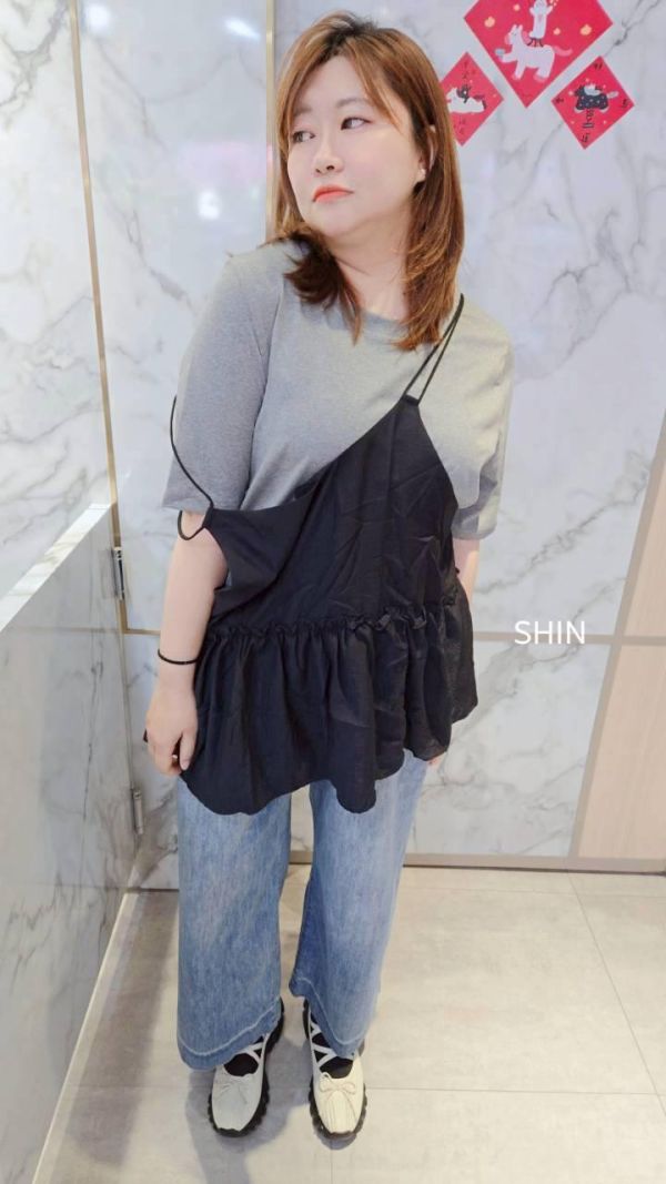 日系真兩件雙線蛋糕背心上衣組(駝/灰/焦糖) 