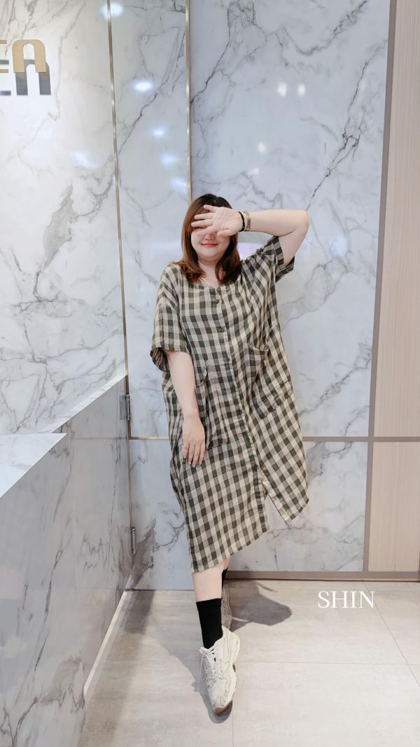 日系女孩格紋排釦苧麻襯衫洋(粉/黑/灰/綠) 