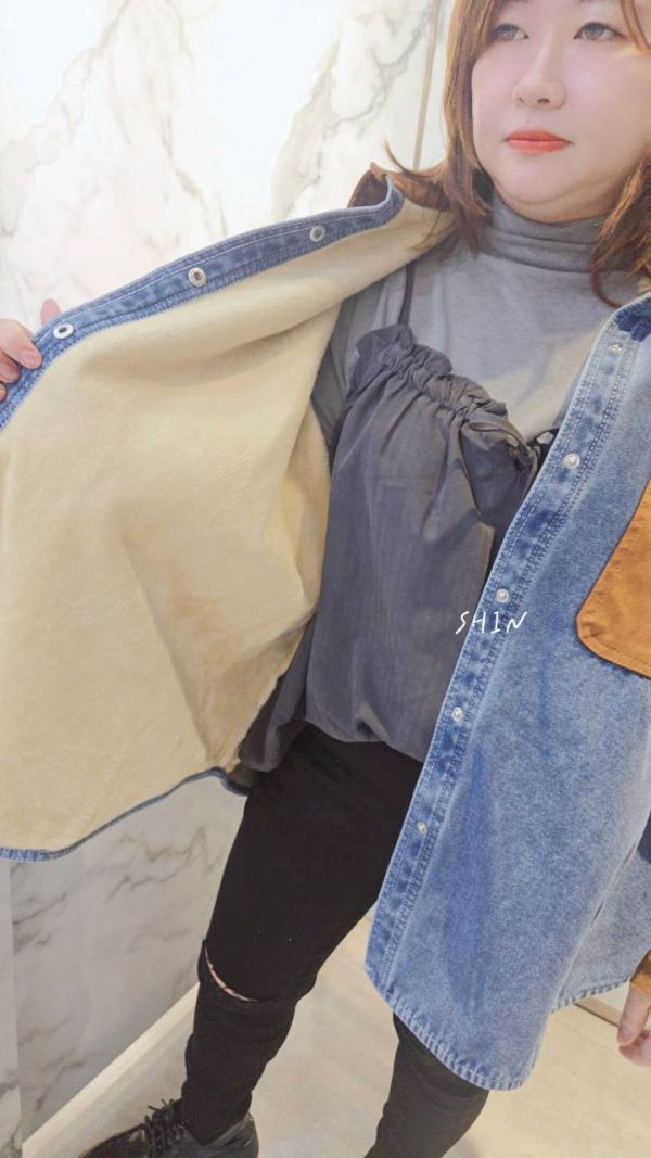 韓版撞色領刷毛襯衫(黑/藍) 