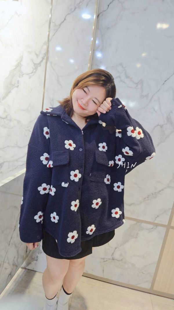 印小花花毛毛襯衫(灰/深藍) 