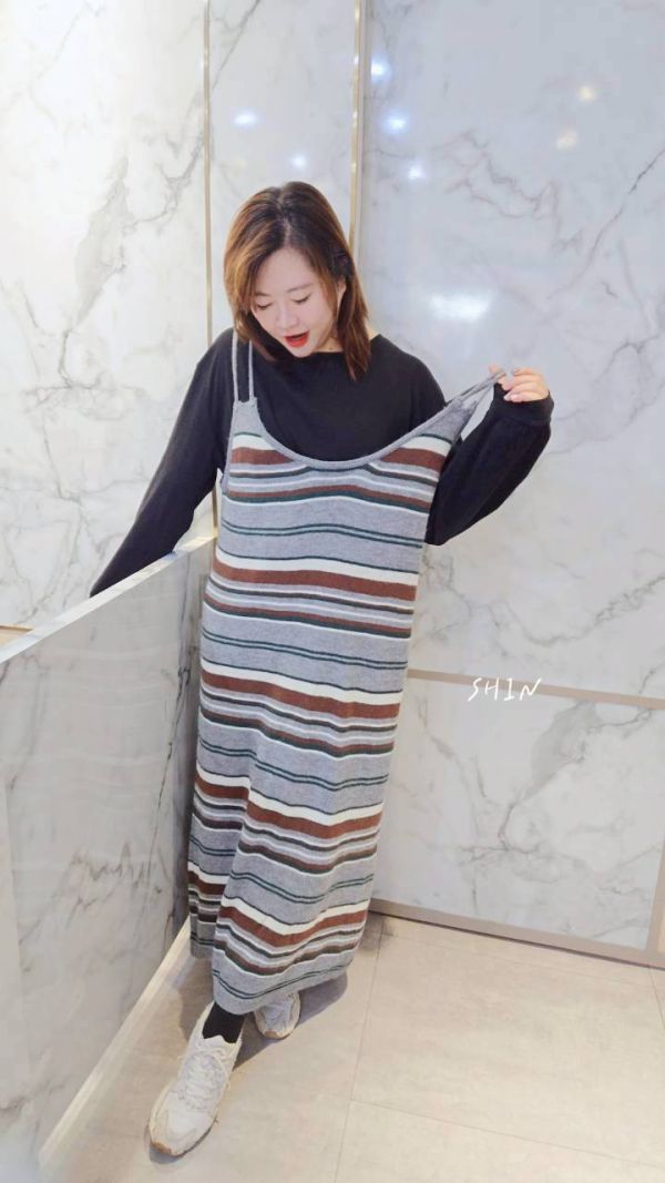 T+條紋長版針織洋(黑/杏/咖) 